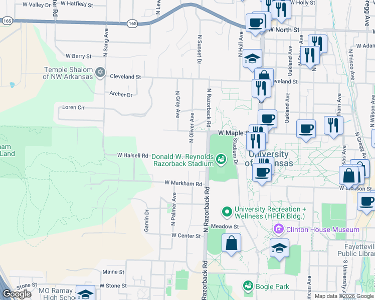 map of restaurants, bars, coffee shops, grocery stores, and more near 417 North Oliver Avenue in Fayetteville