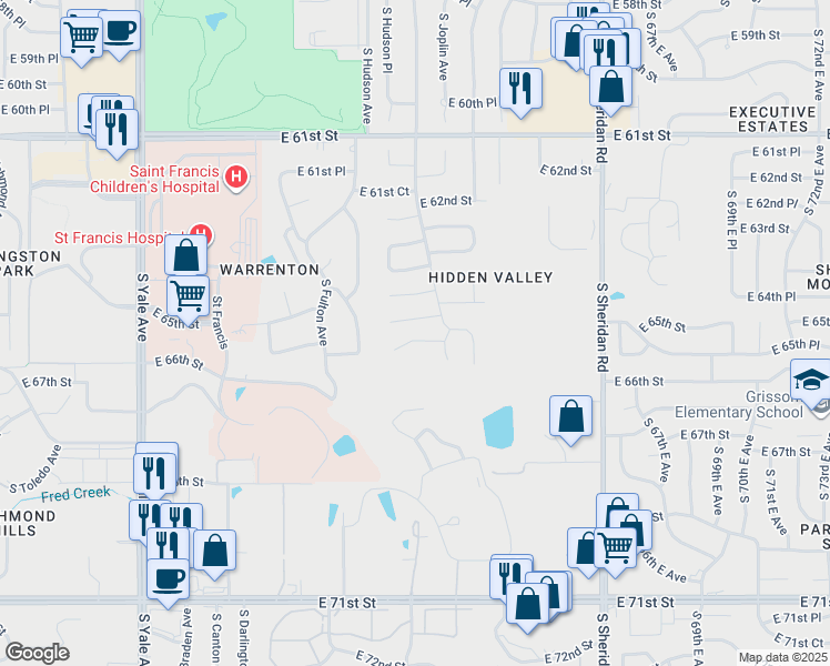 map of restaurants, bars, coffee shops, grocery stores, and more near 5719 East 65th Place in Tulsa