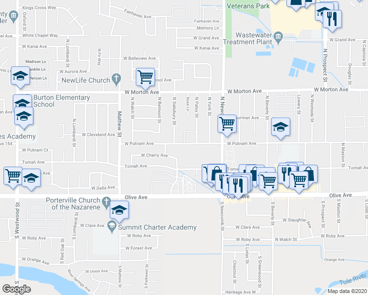 map of restaurants, bars, coffee shops, grocery stores, and more near 1739 West Putnam Avenue in Porterville