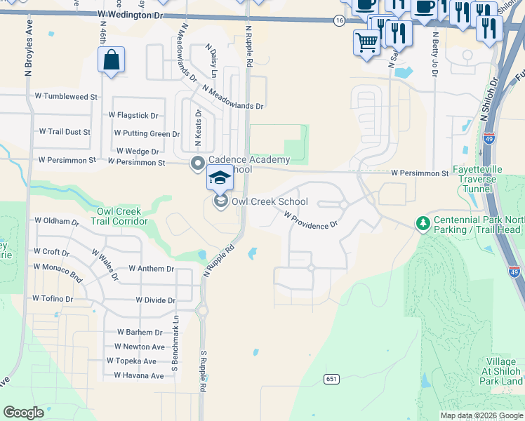 map of restaurants, bars, coffee shops, grocery stores, and more near 3949 West Mountain View Drive in Fayetteville