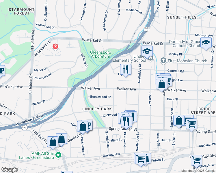 map of restaurants, bars, coffee shops, grocery stores, and more near 423 Westdale Place in Greensboro