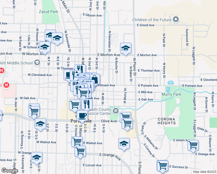 map of restaurants, bars, coffee shops, grocery stores, and more near 164 East Mill Avenue in Porterville