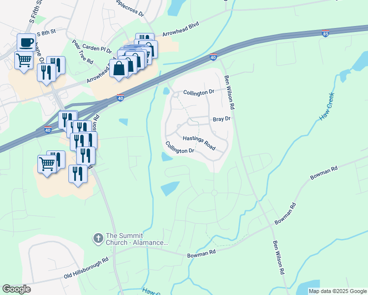 map of restaurants, bars, coffee shops, grocery stores, and more near 621 Collington Drive in Mebane