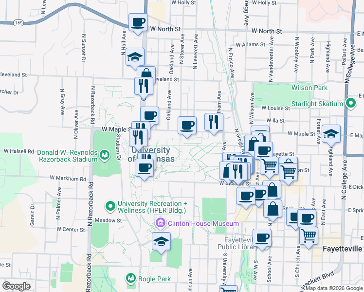 map of restaurants, bars, coffee shops, grocery stores, and more near Campus Drive in Fayetteville