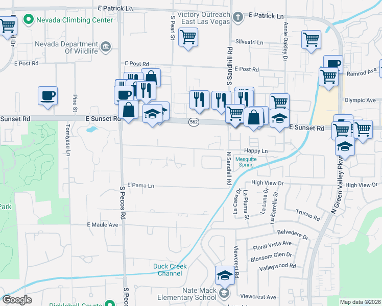 map of restaurants, bars, coffee shops, grocery stores, and more near 3675 Happy Lane in Las Vegas