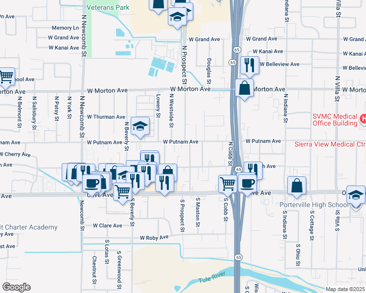 map of restaurants, bars, coffee shops, grocery stores, and more near 1197 East Putnam Avenue in Porterville
