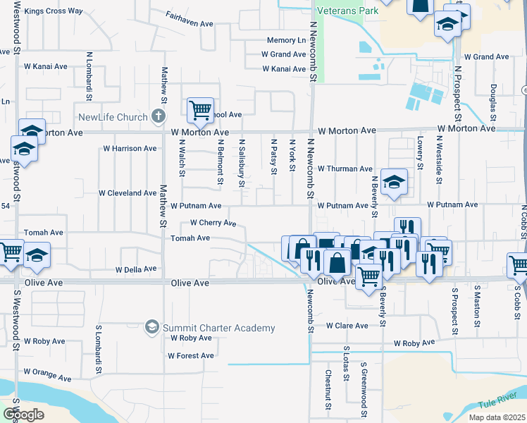 map of restaurants, bars, coffee shops, grocery stores, and more near 1739 West Putnam Avenue in Porterville