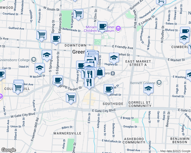 map of restaurants, bars, coffee shops, grocery stores, and more near 350 South Davie Street in Greensboro