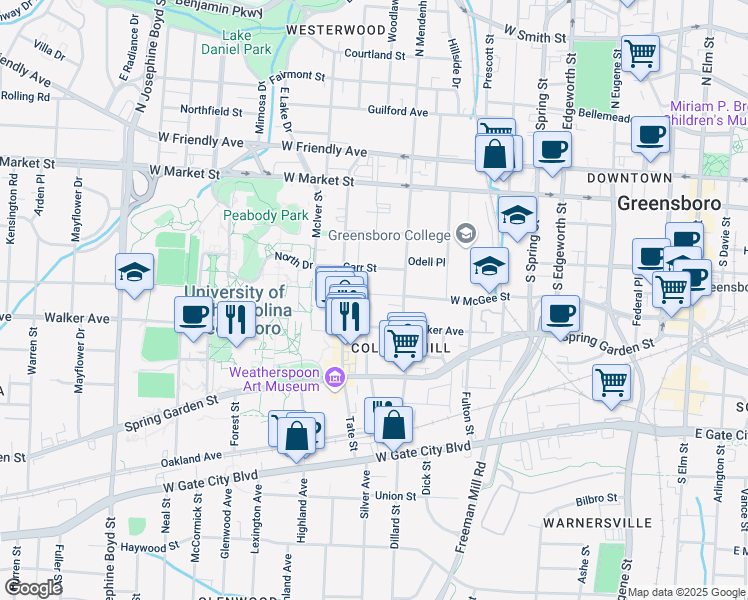map of restaurants, bars, coffee shops, grocery stores, and more near 1109 West McGee Street in Greensboro
