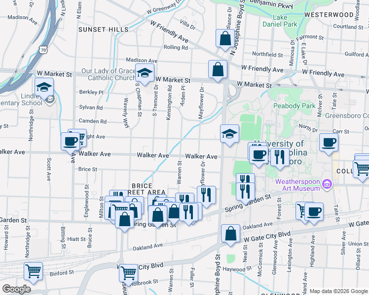 map of restaurants, bars, coffee shops, grocery stores, and more near in Greensboro