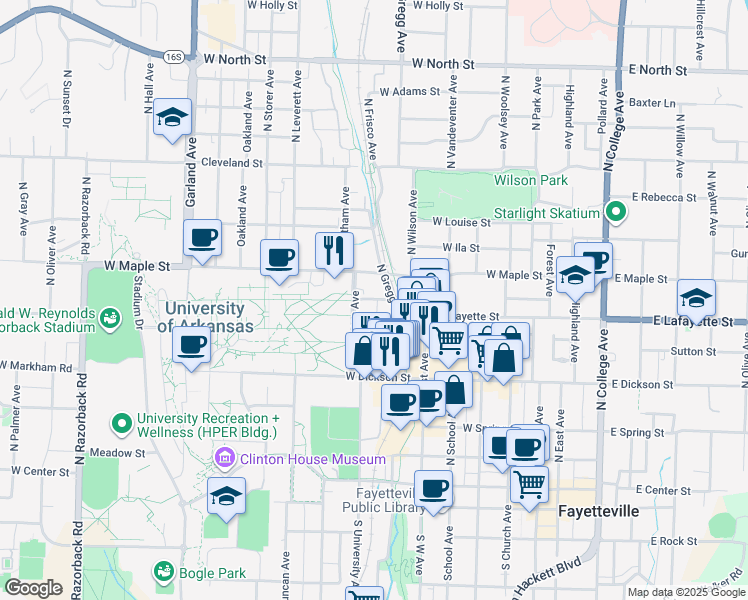 map of restaurants, bars, coffee shops, grocery stores, and more near 439 North Gregg Avenue in Fayetteville