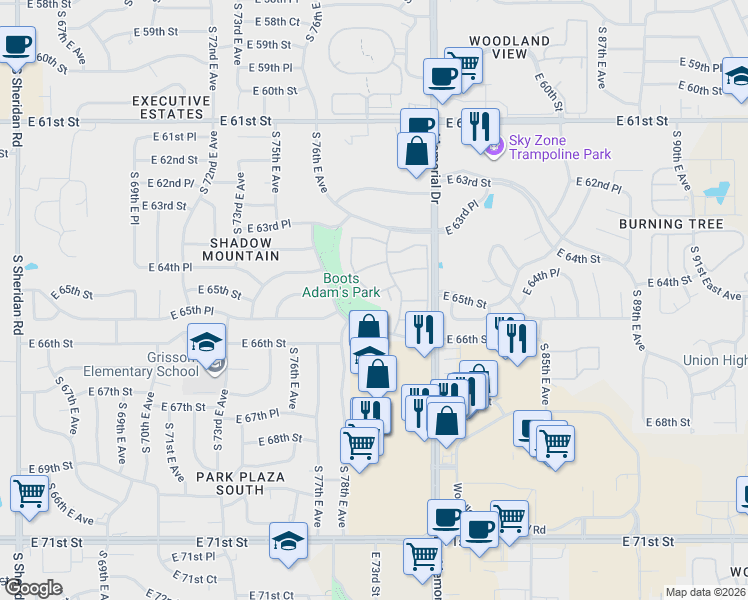 map of restaurants, bars, coffee shops, grocery stores, and more near 6370 South 80th East Avenue in Tulsa