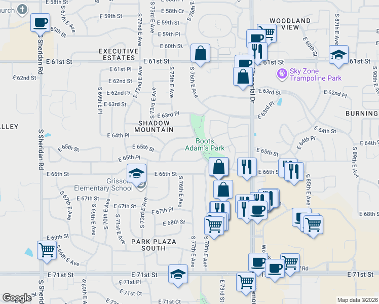 map of restaurants, bars, coffee shops, grocery stores, and more near 7516 East 65th Street in Tulsa