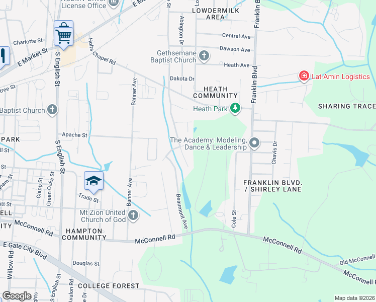 map of restaurants, bars, coffee shops, grocery stores, and more near 703 Borders Terrace in Greensboro