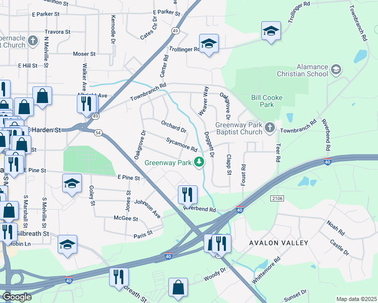 map of restaurants, bars, coffee shops, grocery stores, and more near 803 Sycamore Road in Graham