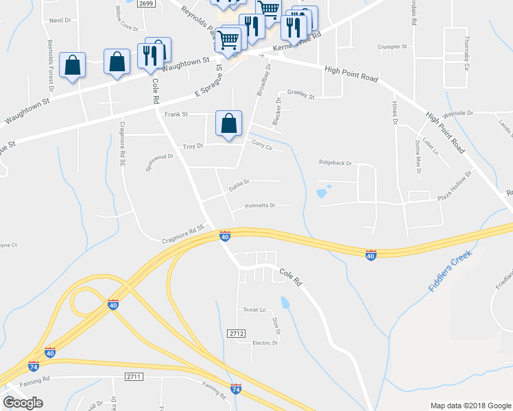 map of restaurants, bars, coffee shops, grocery stores, and more near 2918 Poinsetta Drive in Winston-Salem