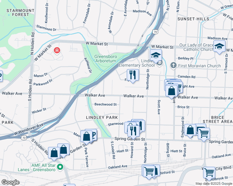 map of restaurants, bars, coffee shops, grocery stores, and more near 2602 Walker Avenue in Greensboro