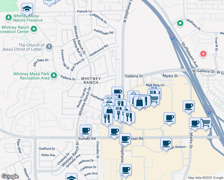 map of restaurants, bars, coffee shops, grocery stores, and more near 1405 Lasso Court in Henderson