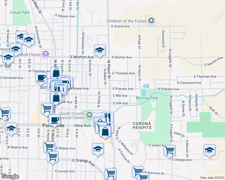 map of restaurants, bars, coffee shops, grocery stores, and more near 425 East Putnam Avenue in Porterville