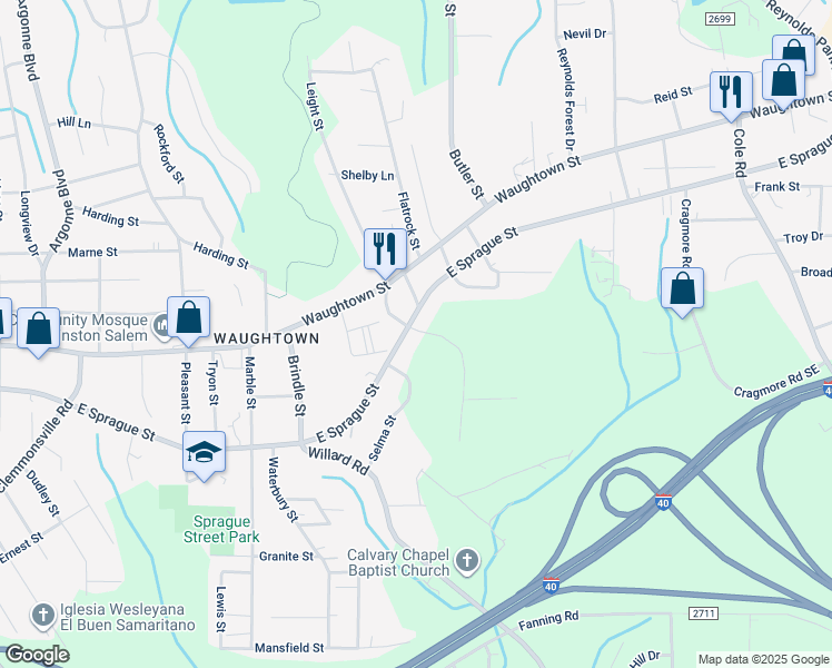 map of restaurants, bars, coffee shops, grocery stores, and more near 1832 East Sprague Street in Winston-Salem