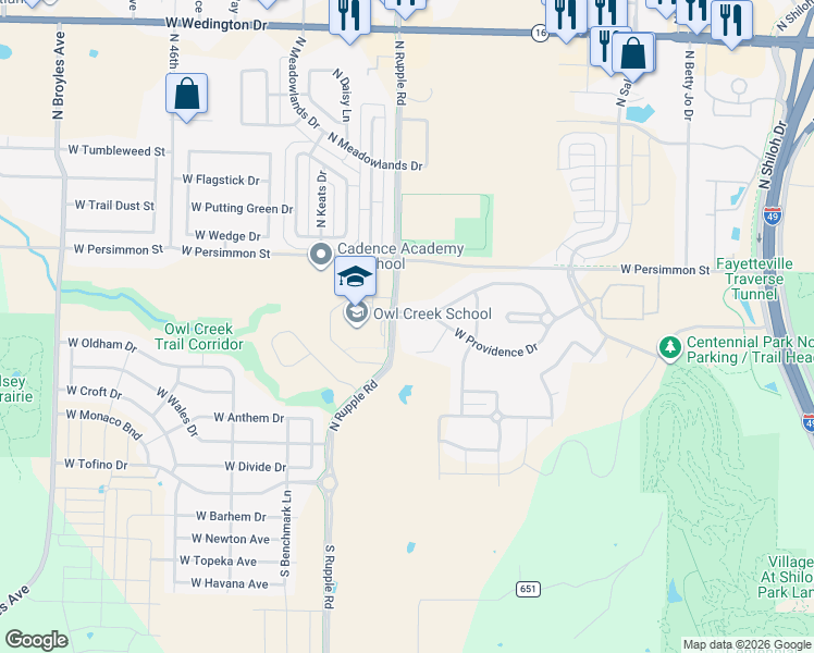 map of restaurants, bars, coffee shops, grocery stores, and more near 3949 West Mountain View Drive in Fayetteville