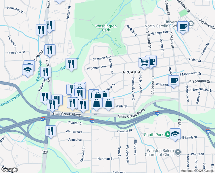 map of restaurants, bars, coffee shops, grocery stores, and more near 723 West Sprague Street in Winston-Salem
