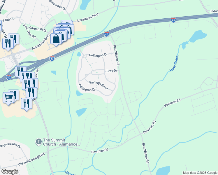 map of restaurants, bars, coffee shops, grocery stores, and more near 641 Hastings Road in Mebane