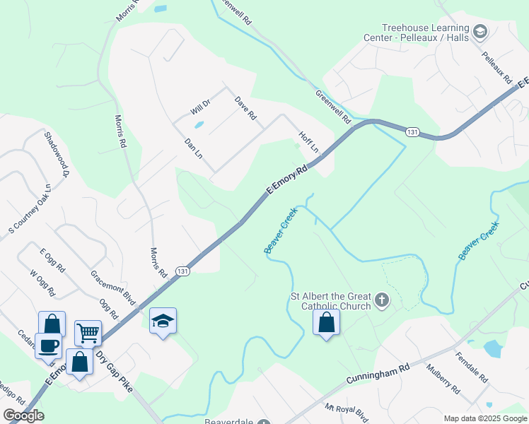 map of restaurants, bars, coffee shops, grocery stores, and more near 2210 East Emory Road in Knoxville