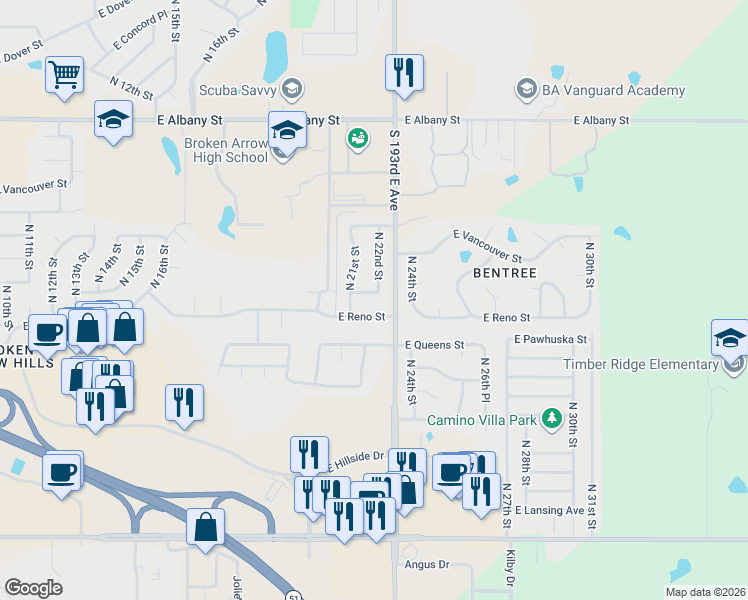 map of restaurants, bars, coffee shops, grocery stores, and more near 2204 East Reno Street in Broken Arrow