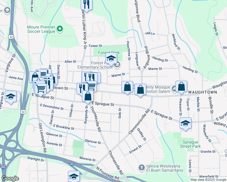 map of restaurants, bars, coffee shops, grocery stores, and more near 1147 Waughtown Street in Winston-Salem