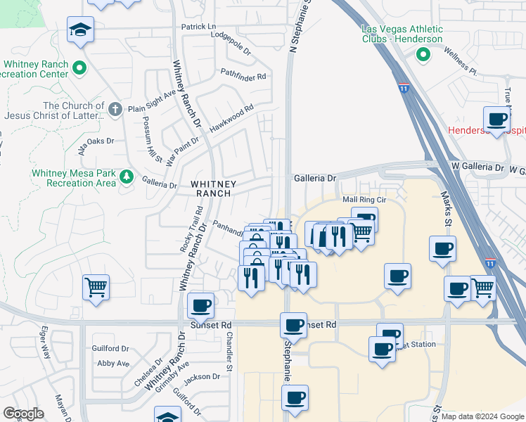 map of restaurants, bars, coffee shops, grocery stores, and more near 1405 Lasso Court in Henderson
