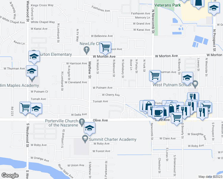 map of restaurants, bars, coffee shops, grocery stores, and more near 1867 West Putnam Avenue in Porterville