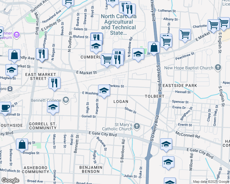 map of restaurants, bars, coffee shops, grocery stores, and more near 1217 East Washington Street in Greensboro