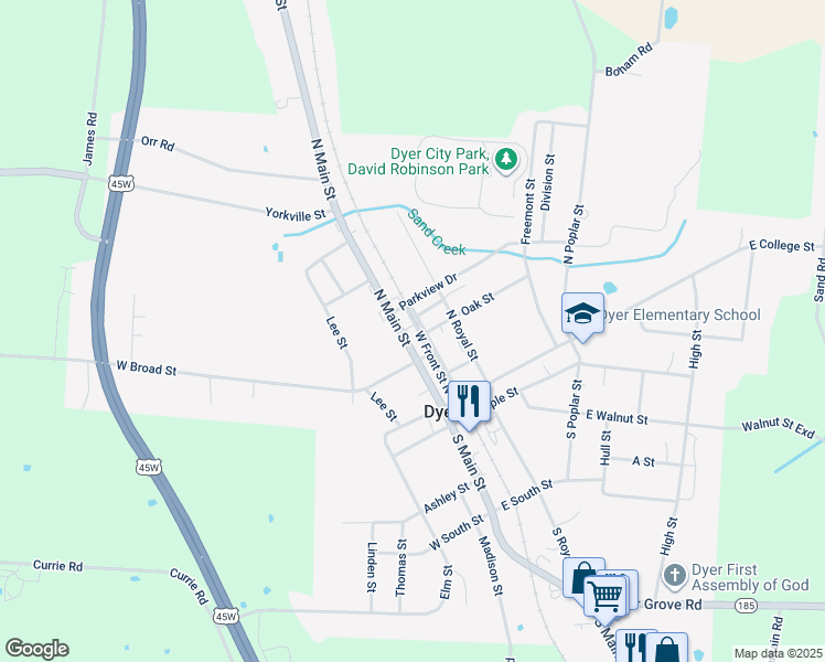 map of restaurants, bars, coffee shops, grocery stores, and more near 301 North Main Street in Dyer