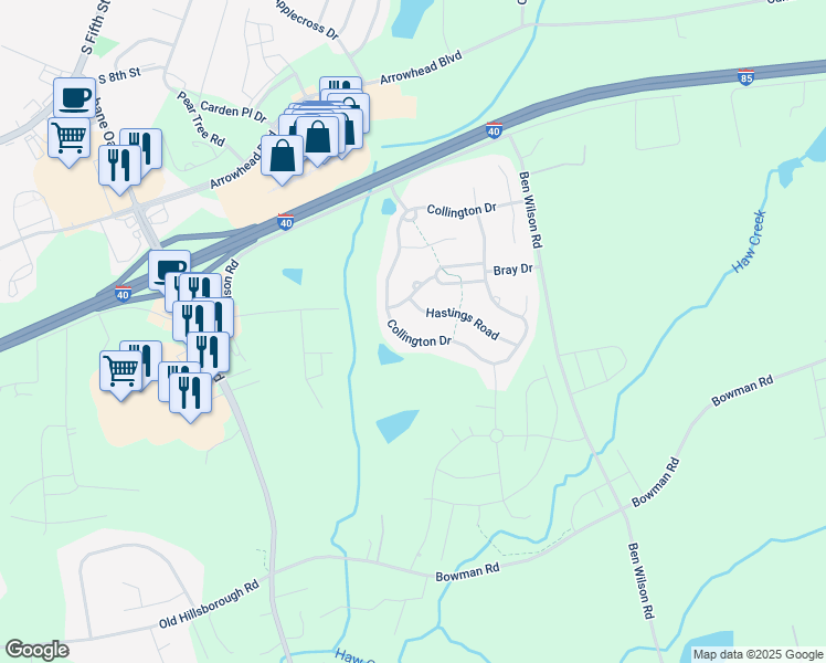 map of restaurants, bars, coffee shops, grocery stores, and more near 613 Collington Dr in Mebane
