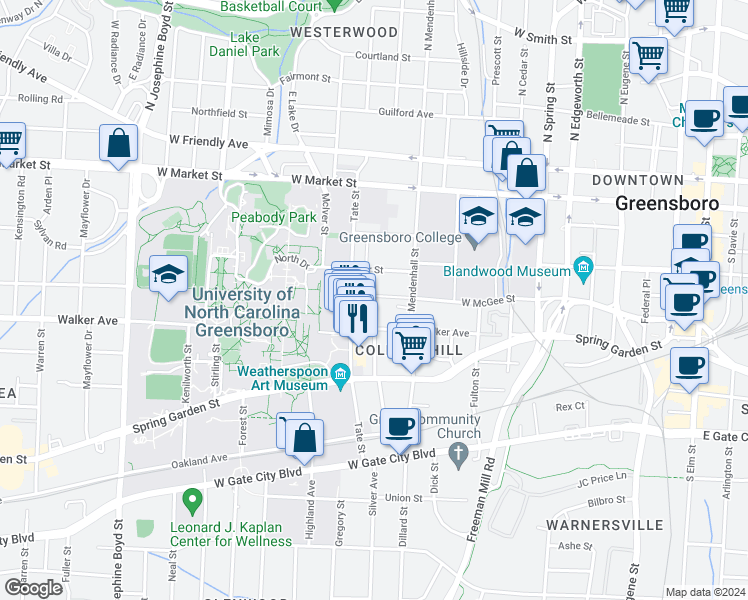 map of restaurants, bars, coffee shops, grocery stores, and more near 1115 West McGee Street in Greensboro