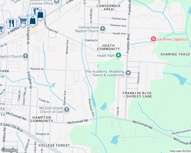 map of restaurants, bars, coffee shops, grocery stores, and more near 703 Borders Terrace in Greensboro