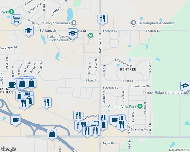 map of restaurants, bars, coffee shops, grocery stores, and more near 2204 East Reno Street in Broken Arrow
