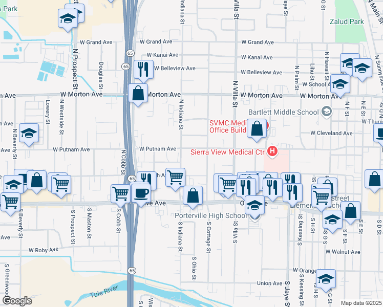 map of restaurants, bars, coffee shops, grocery stores, and more near 757 West Putnam Avenue in Porterville