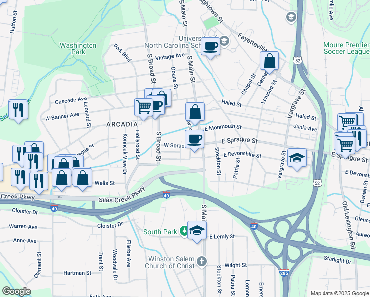 map of restaurants, bars, coffee shops, grocery stores, and more near 2306 Hardiman Place Court in Winston-Salem
