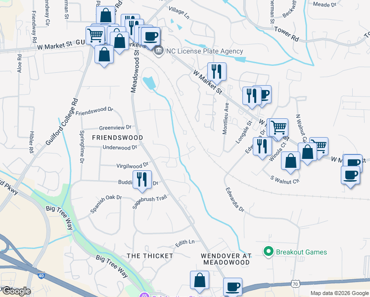 map of restaurants, bars, coffee shops, grocery stores, and more near 9 Brandy Drive in Greensboro