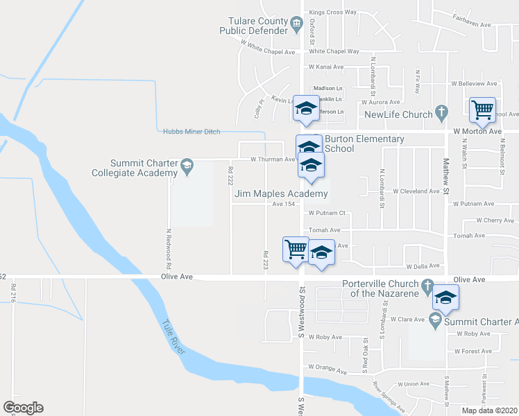map of restaurants, bars, coffee shops, grocery stores, and more near 15387 Road 223 in Porterville
