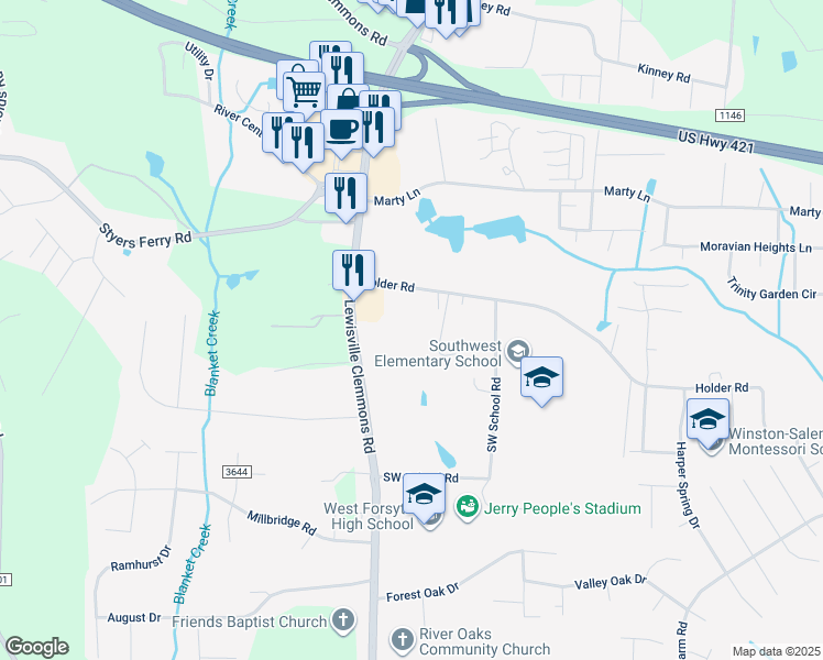 map of restaurants, bars, coffee shops, grocery stores, and more near 6600 Holder Road in Clemmons