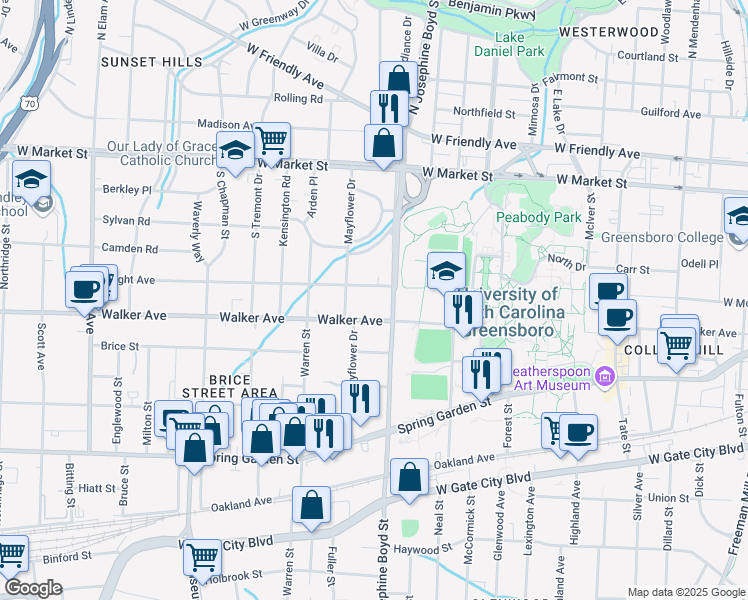 map of restaurants, bars, coffee shops, grocery stores, and more near 1605 Wright Avenue in Greensboro