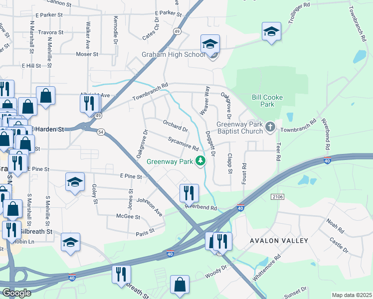 map of restaurants, bars, coffee shops, grocery stores, and more near 805 Sycamore Road in Graham