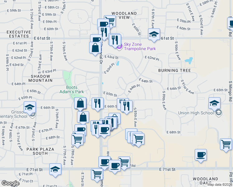 map of restaurants, bars, coffee shops, grocery stores, and more near 8219 East 65th Street in Tulsa