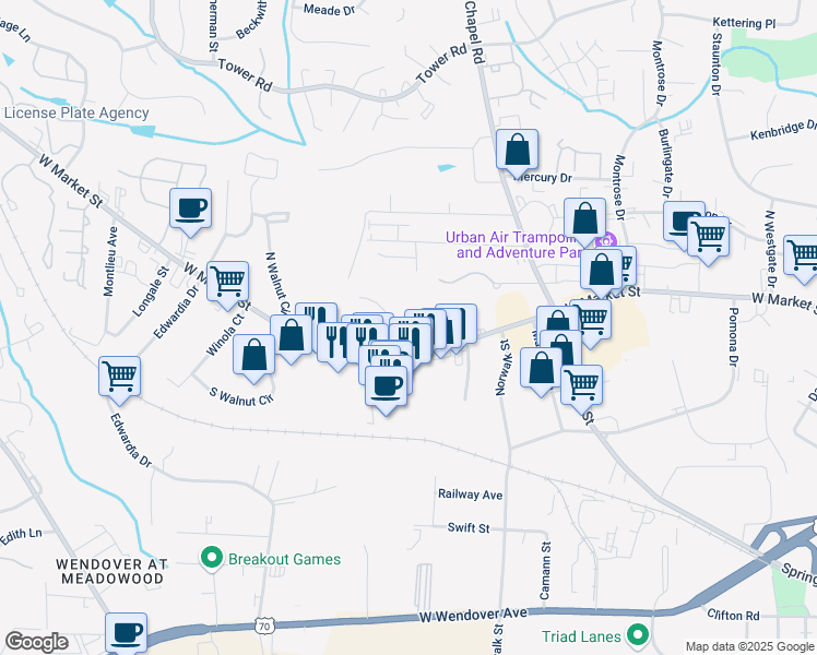 map of restaurants, bars, coffee shops, grocery stores, and more near 100 Thornton Court in Greensboro