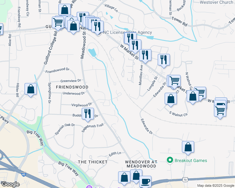 map of restaurants, bars, coffee shops, grocery stores, and more near 30 Brandy Drive in Greensboro