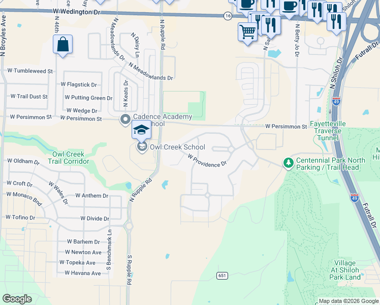 map of restaurants, bars, coffee shops, grocery stores, and more near 373 North Powderhorn Drive in Fayetteville