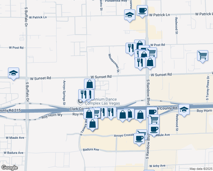 map of restaurants, bars, coffee shops, grocery stores, and more near 7255 West Sunset Road in Las Vegas